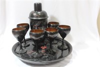 A Rare Chinese Lacquer Tray with Bottle and Cups