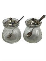 Sterling lid and spoon glass mustard servers