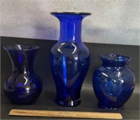 (3)BLUE HLASS VASES-ASSORTED