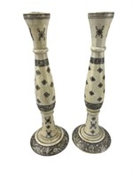 Hand painted carved bone tall candle holders