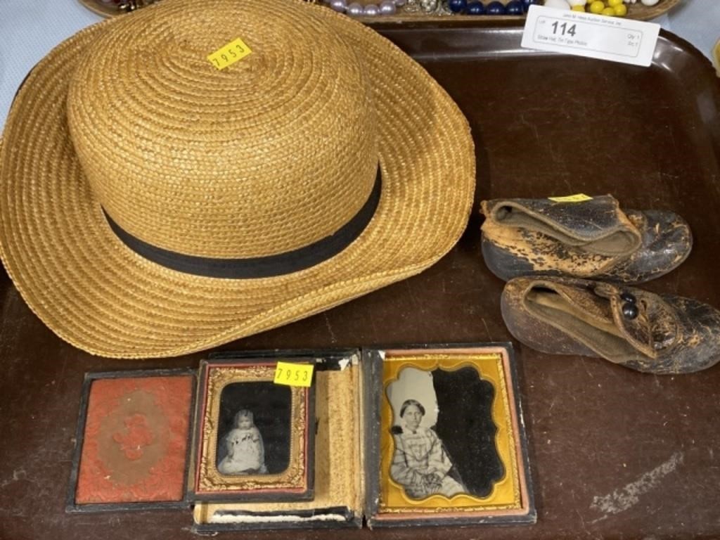 Straw Hat, Tin Type Photos, Vintage Baby Shoes