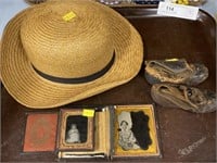 Straw Hat, Tin Type Photos, Vintage Baby Shoes