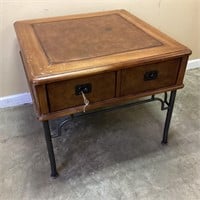 2 DRAWER END TABLE, WROUGHT IRON BASE