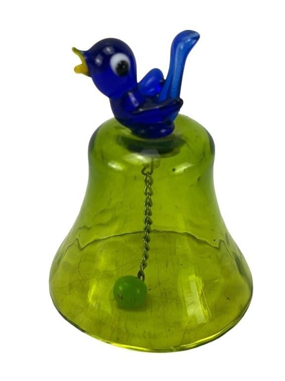 Art glass hand made green bell with blue bird