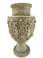 Large carved resin vase raised floral cherubs