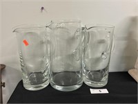 Three Clear Glass Pitchers, Tallest 10" H