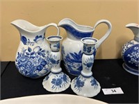 Pair Delft Style Pitchers And 7" H Candlesticks