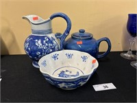 Two Delft Style Ceramics And Blue Teapot