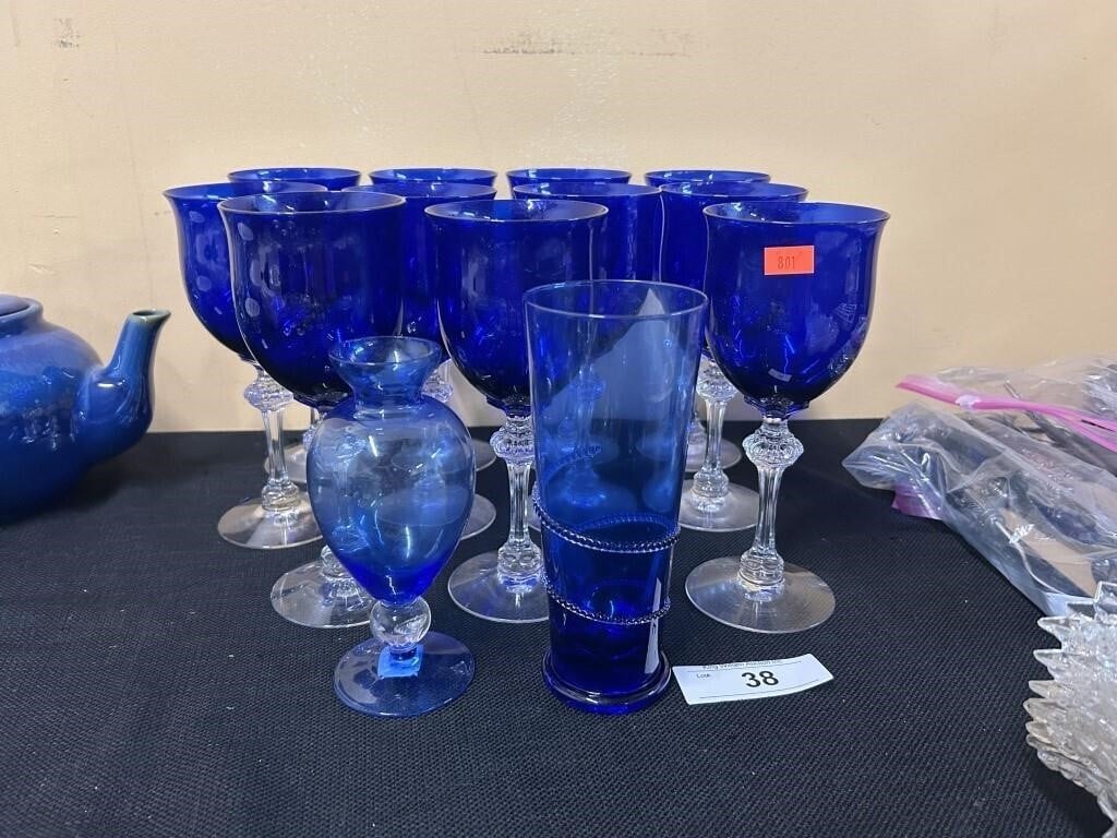 Cobalt Blue Stemware, Vase, And Glass