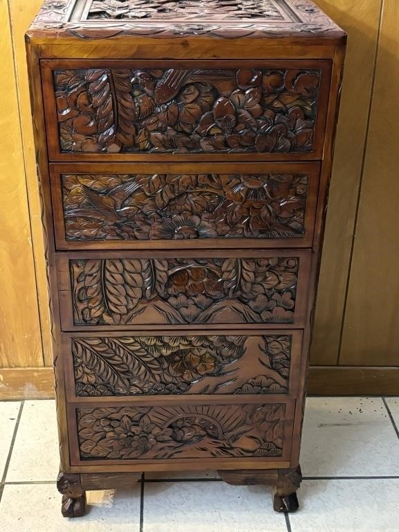 Chinese Carved Rosewood 5 Drawer Chest