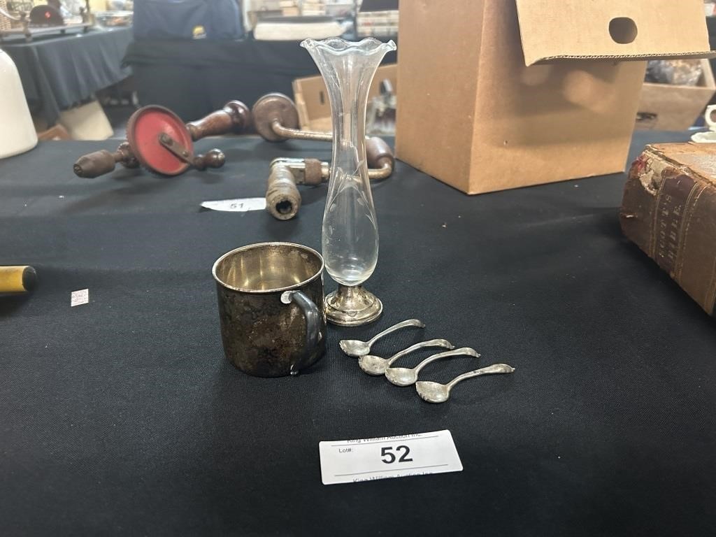 Sterling Base Vase, Plated Mug, And Rieg Spoons