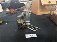 Sterling Base Vase, Plated Mug & Rieg Salt Spoons