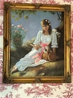 Oil on Canvas Lady Reading Fancy Framed