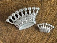 Two Sterling Silver Crown Brooches