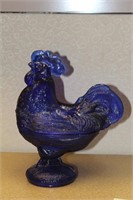 Cobalt Blue Rooster Glass Cover Dish