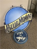 Blue moon, beer, sign, and live to fly sign