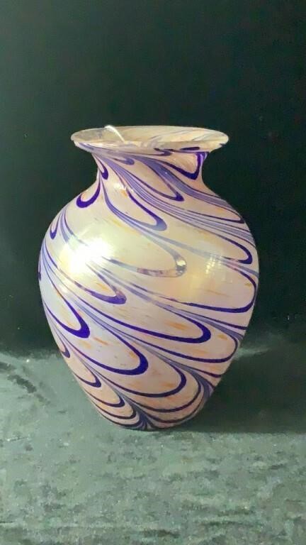 Art Glass Purple Swirl Vase, 9" h.