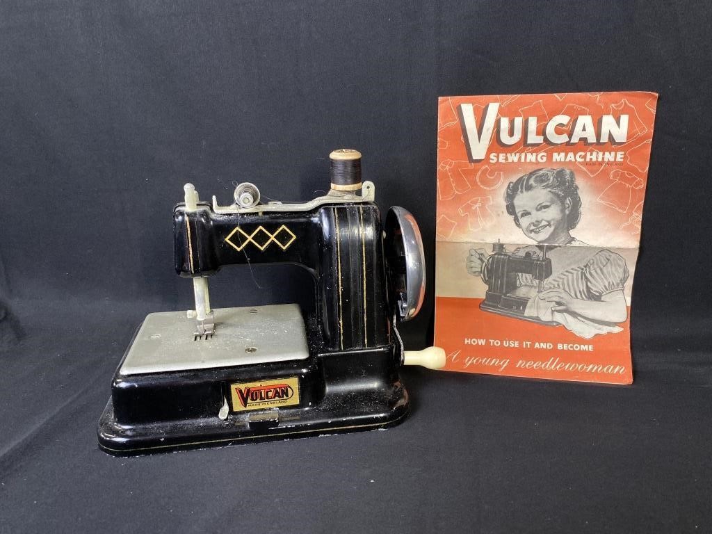 C1950 Vulcan England Toy Sewing Machine w Manual