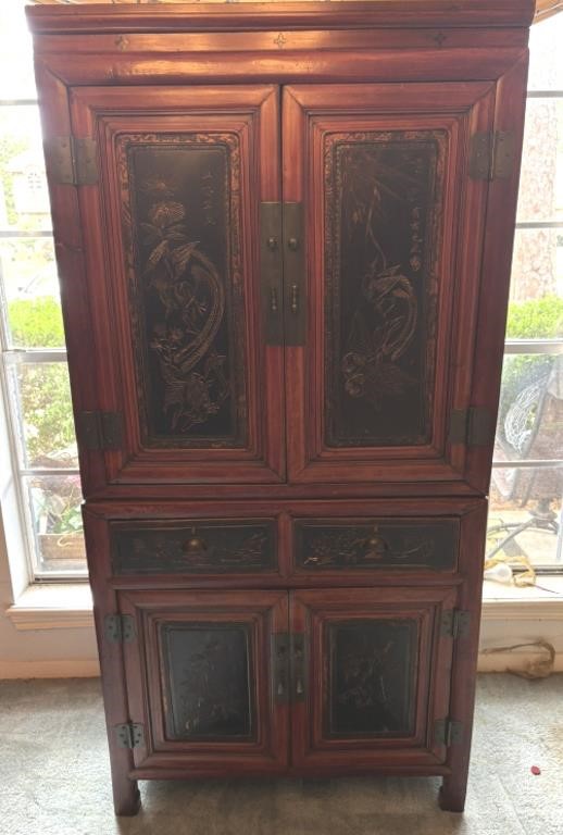 Vtg Chinese Carved Rosewood Wedding Cabinet