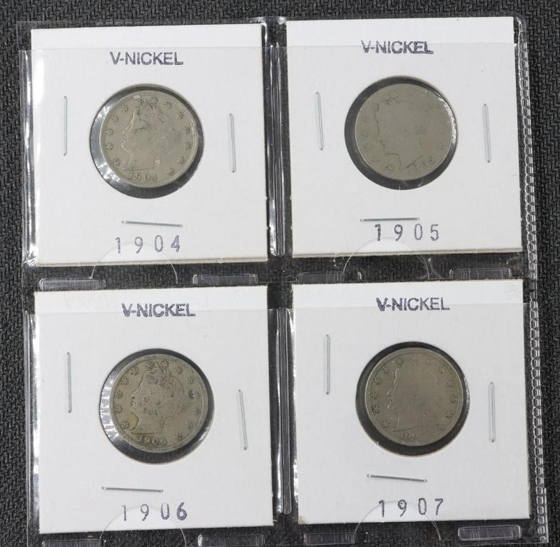 1904, 1905, 1906 & 1907 V Nickels