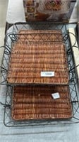 3 wicker and metal serving trays