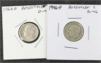 2 Silver Roosevelt Dimes 1964D, 1946P