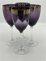 4pc Amethyst & Gold Detail Crystal Wine Glasses