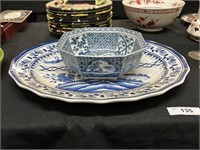 Delft Style Oriental Porcelain Bowl And Platter