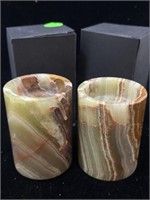 Pair carved Onyx stone candle holders.
