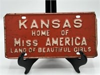Vintage Kansas Miss America License Plate