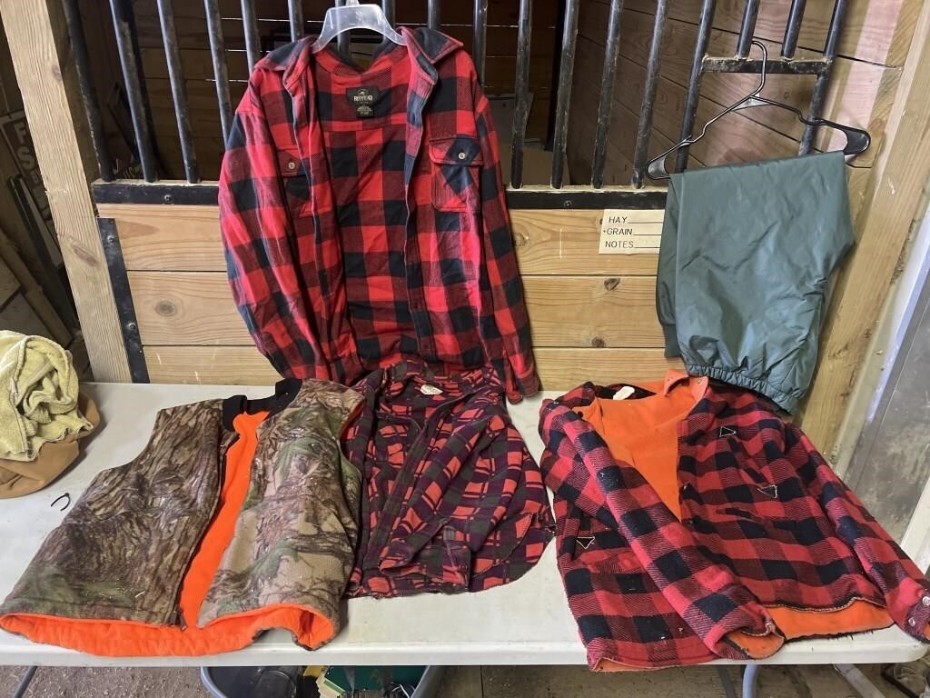 3 plaid long sleeve shirts, pants, hunting vest