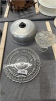 Metal cake, cover, and glass serving dishes