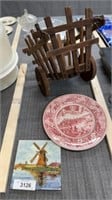 Wooden wagon, decorative plate, and trivet