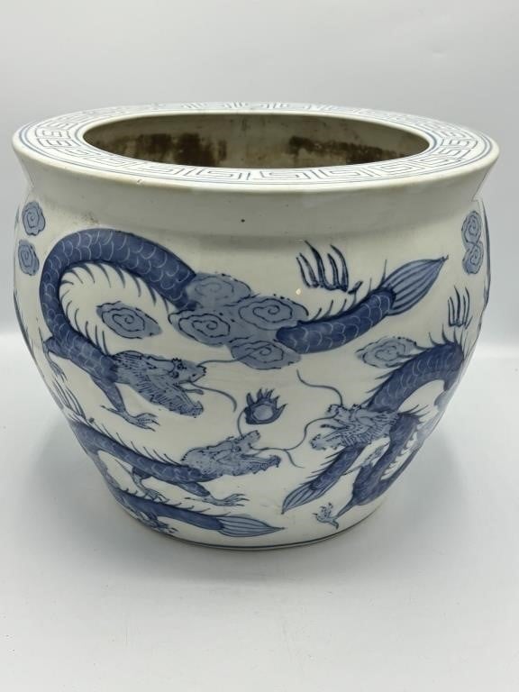 Blue & White Ceramic Chinese Dragon Planter
