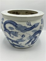 Blue & White Ceramic Chinese Dragon Planter