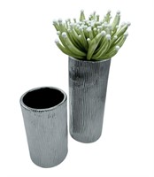 Pair of Silver Vases with Varigated Flower