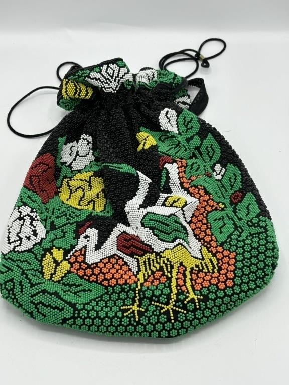 Vintage Hand Beaded Ladies Drawstring Handbag