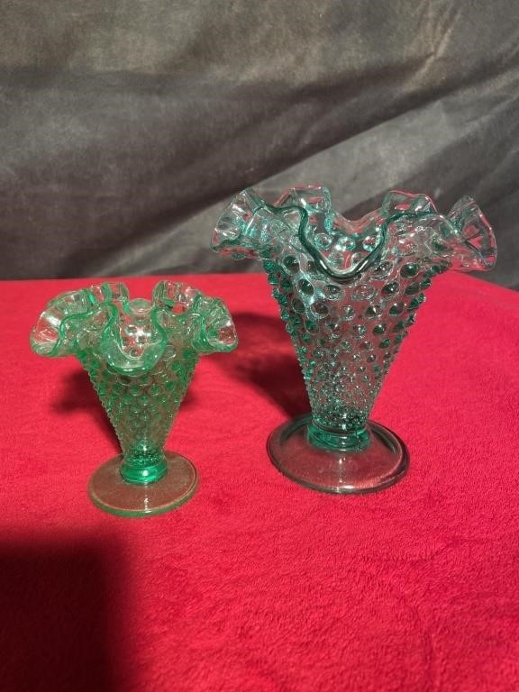 Fenton Green hobnail vases