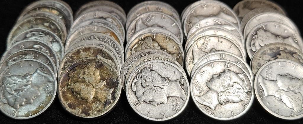 Roll of 50 Mercury Silver Dimes - Mixed Date Dimes