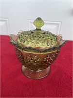 Fenton green dish with lid some chipping on rim