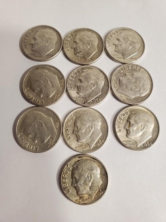 (10) 1964 Roosevelt Dimes Assorted Mints
