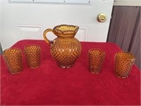 Fenton large amber glass pitcher and 4 glasses