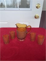Fenton amber hobnail pitcher and glasses
