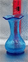 vintage bright blue crackle glass vase ruffled rim