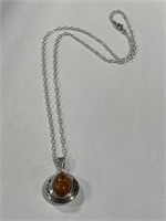 925 Silver Amber Pendant Necklace 19 1/8 "