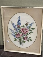 Framed Cross Stitch of Flowers 17 x 14 "