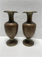 2 Etched & Painted Brass Vases 13 " Tall