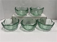 5 Vintage Flower Shaped Green Tinted Glass Lotus