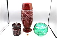 Bohemian Ruby Cut Glass Jam Jar, Etched Vases+
