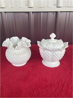 Fenton white hobnail covered dish and vase